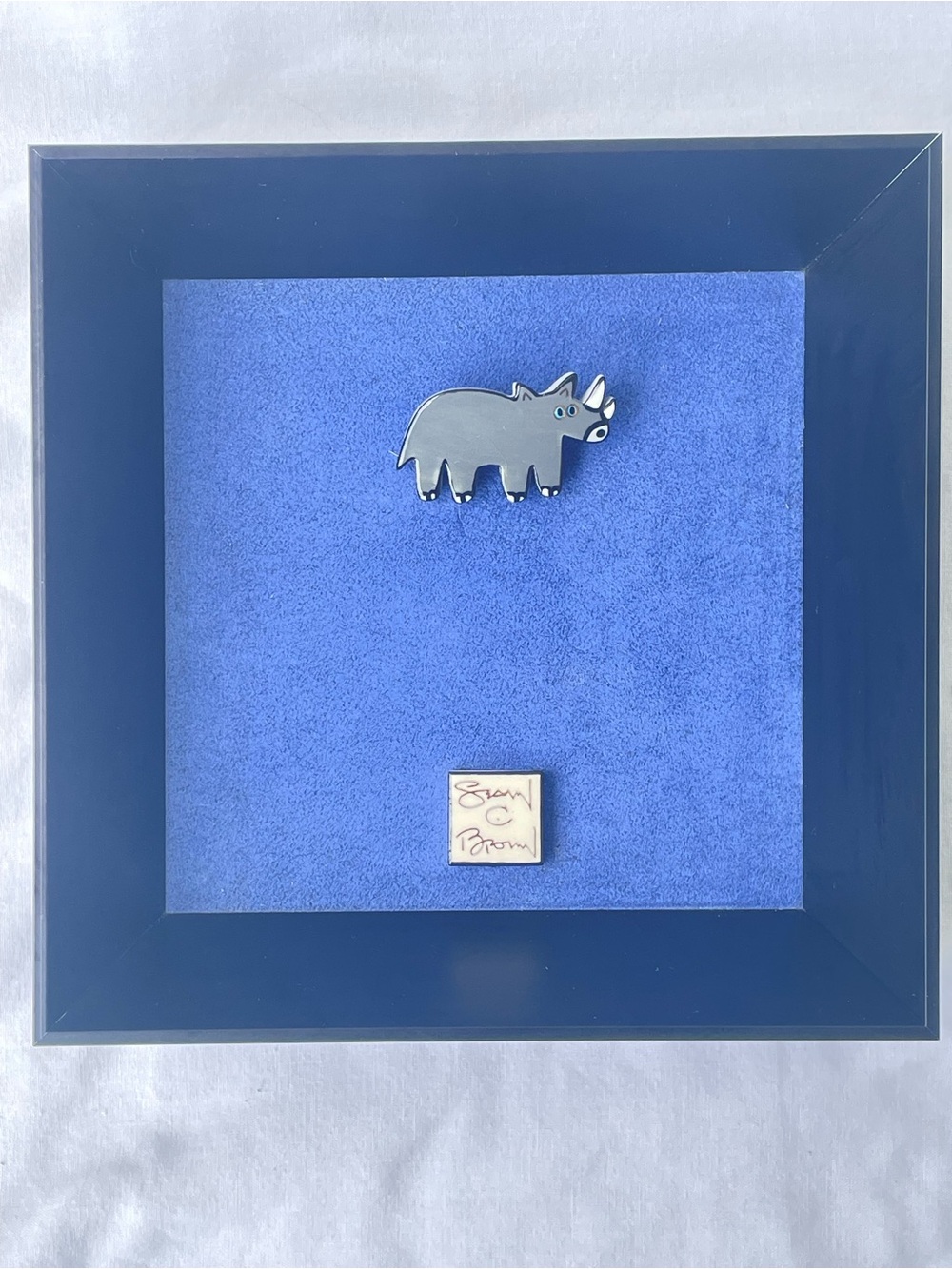 Sean Brown Denver Studio Framed Ceramic Rhinoceros Pin Brooch with Signed Tile